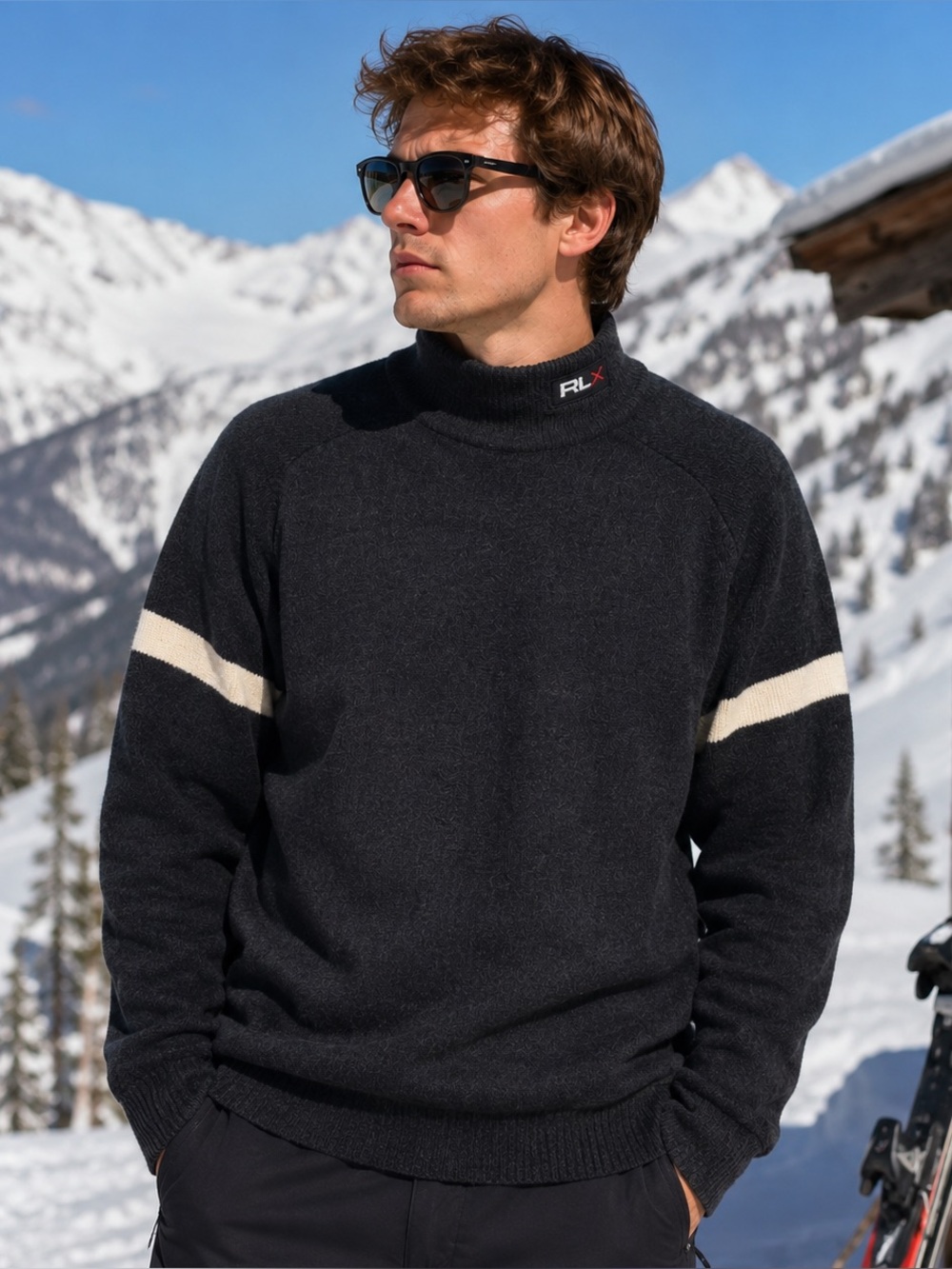 VTG POLO RALPH LAUREN SPORT RLX Technical Ski SWEATER, 100% Wool Dk Gray Large